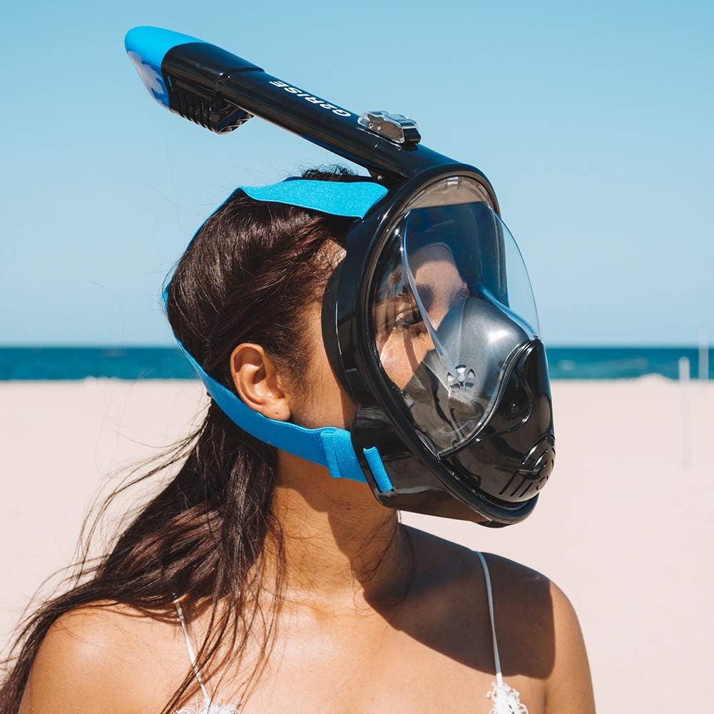 Schnorchel-Vollmaske mit Kamerahalterung, Schwarz Blau|L-XL