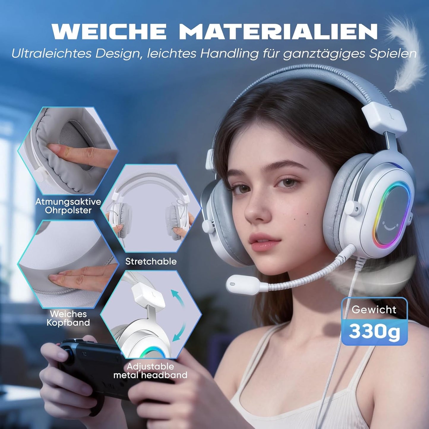Gaming Headset mit Mikrofon, Surround Sound, USB, Weiss
