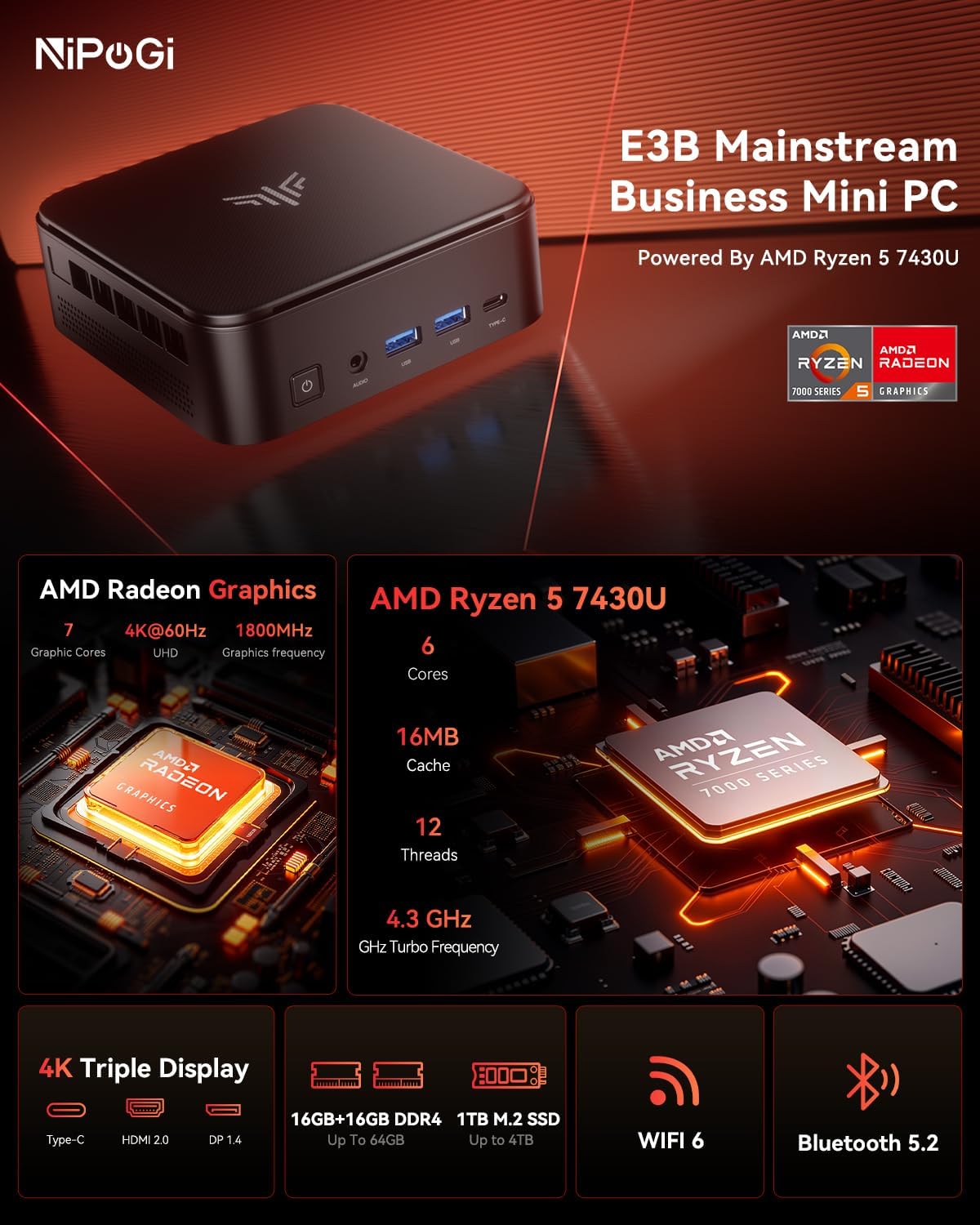 Mini-PC mit AMD Ryzen 5 7430U und 4K-Unterstützung, AMD Ryzen 5 7430U/ 32GB DDR4 1TB SSD
