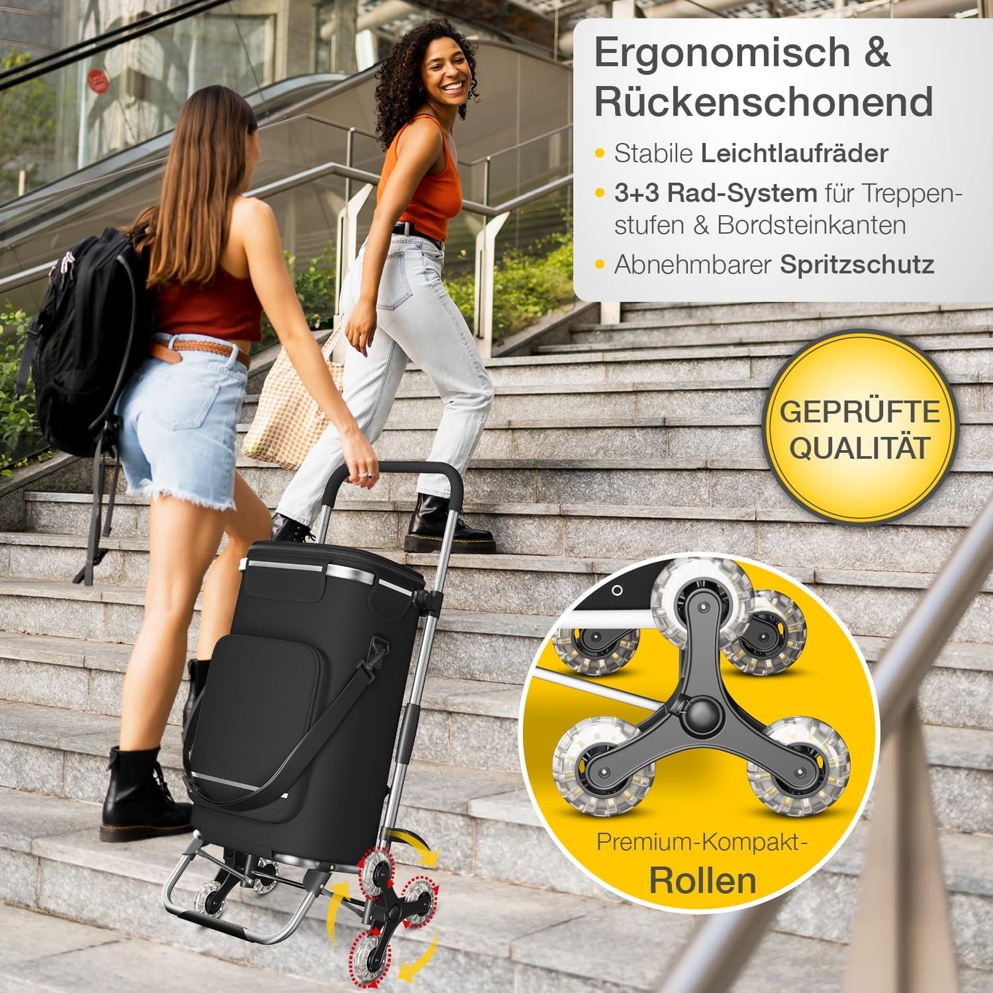 Einkaufstrolley Treppensteiger mit Kühlfach, Treppensteiger-Trolley Schwarz