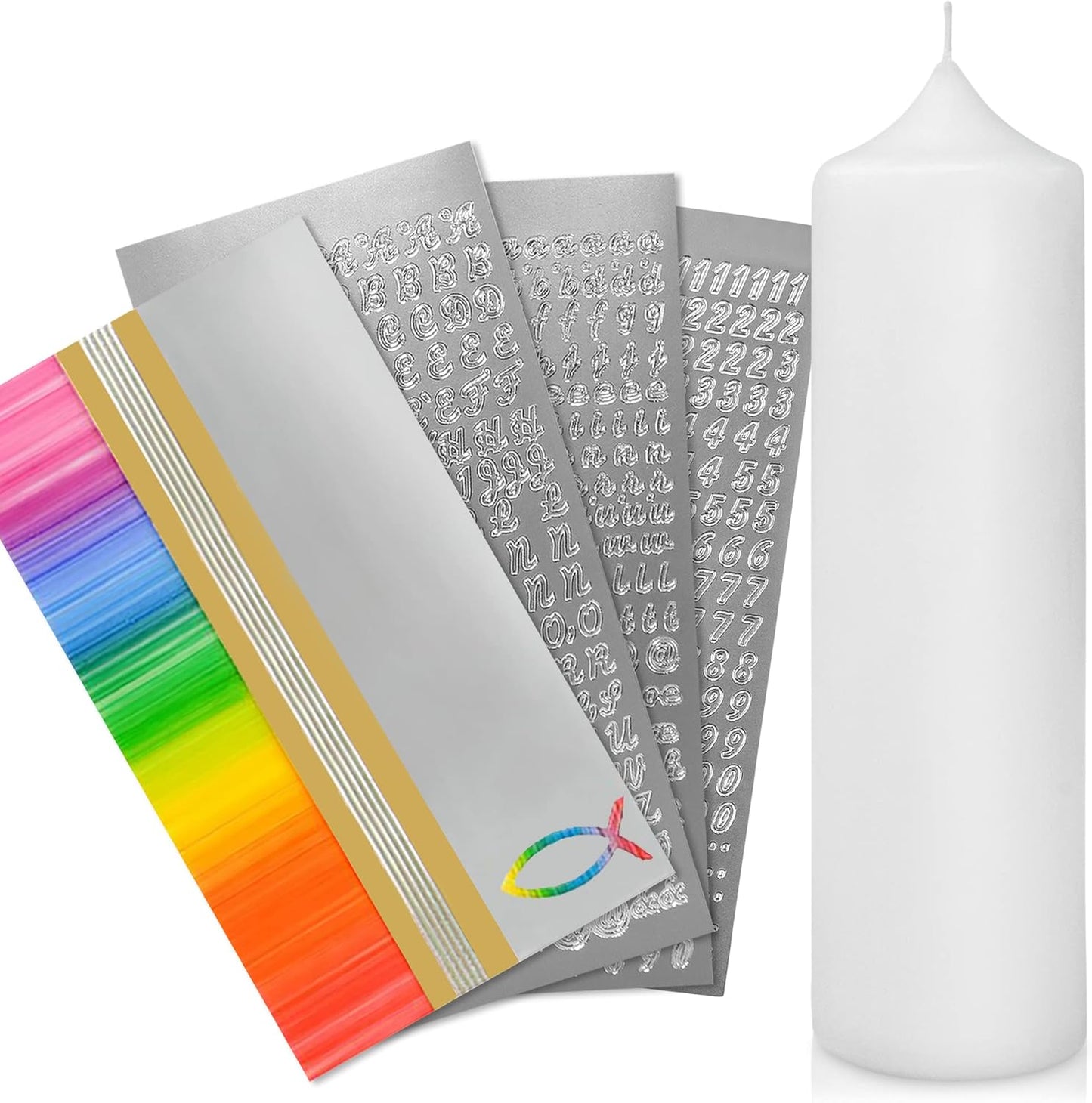 Taufkerze Bastelset mit Wachsmotiven und Buchstaben, Regenbogen Gold | Silber mit Fisch Kerze 25x7 cm | Weiss