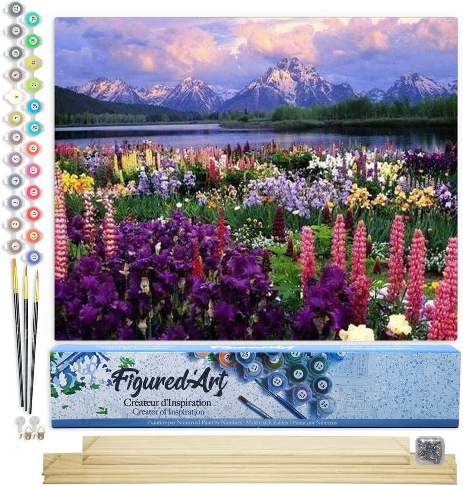 Malen nach Zahlen - Blumen und See am Fusse des Berges, Blumen und See am Fusse des Berges 40x50cm Mit Keilrahmen (nicht gespannt)