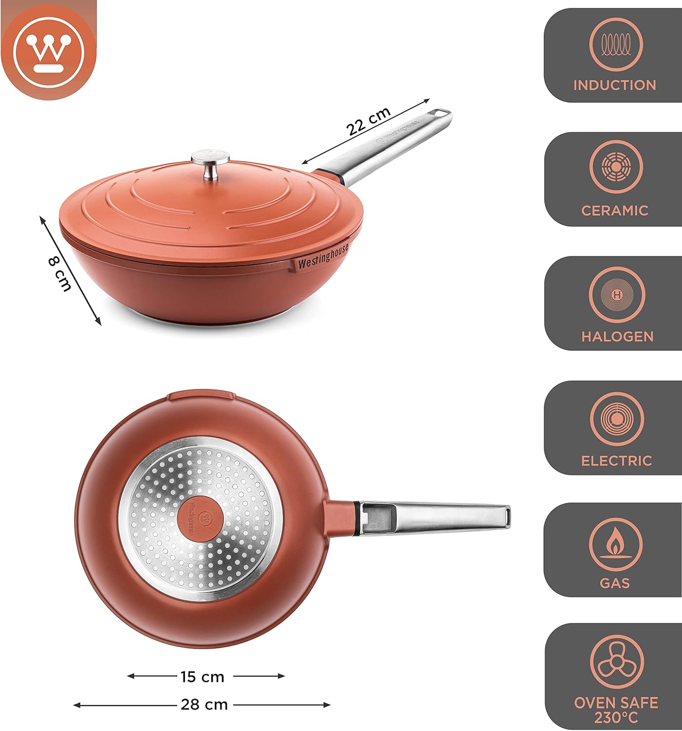Wok Pfanne mit Deckel, Rotbraun 28 cm