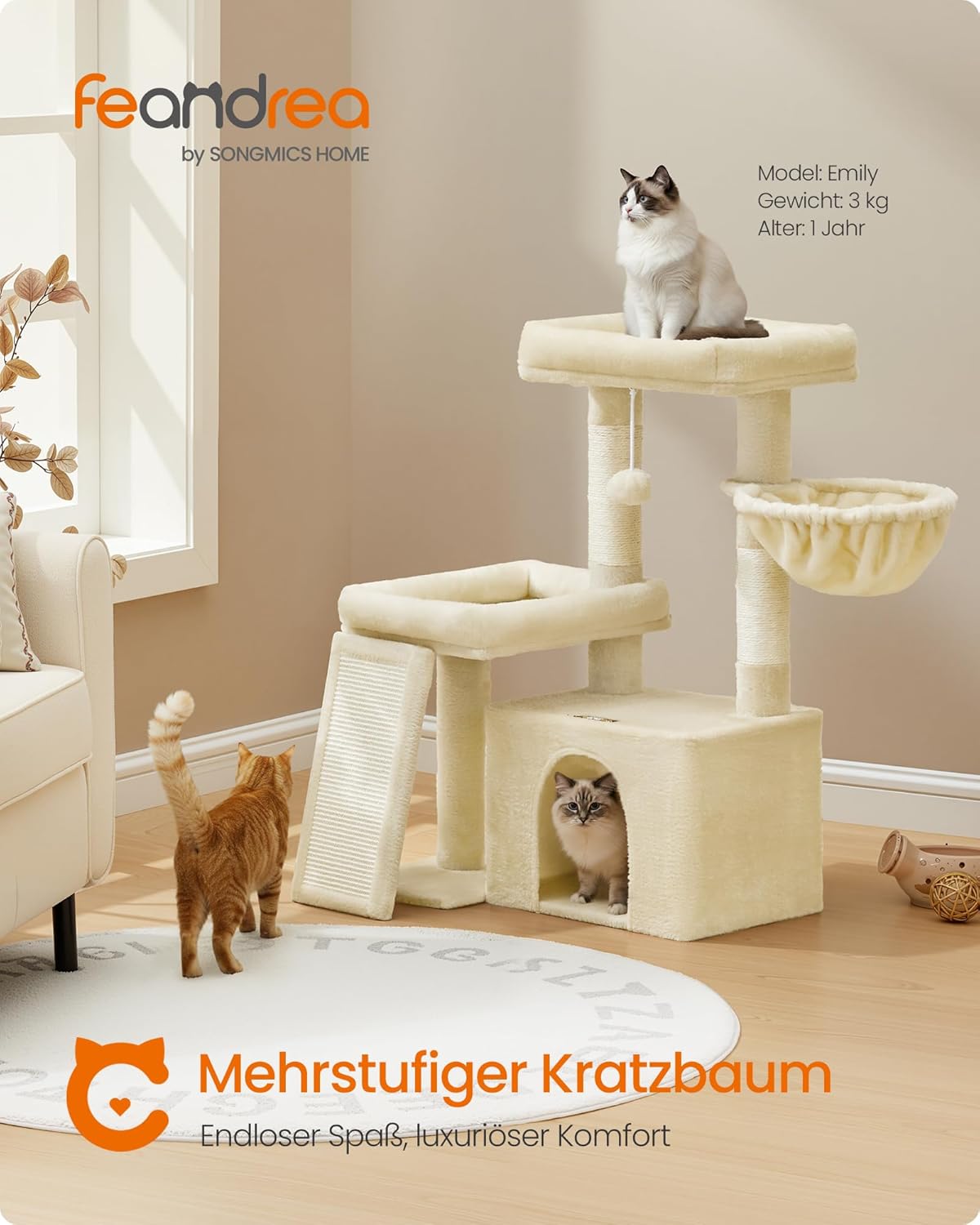 Kratzbaum mit Plattformen und Höhle, PCT013LF01, sandbeige M (92,5 x 58,9 x 85,8 cm)
