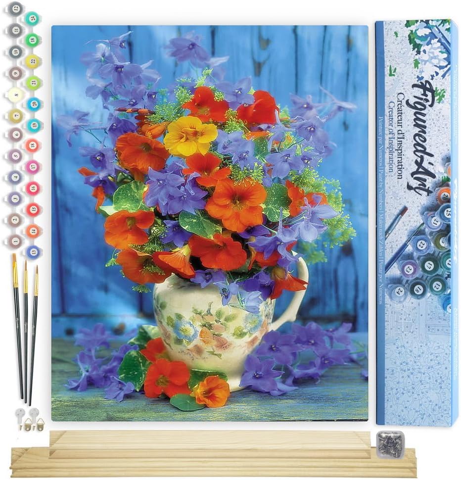 Malen Nach Zahlen Set Blumenstrauss, 40 x 50 cm, Blumenstrauß in Orange und Lila 40x50cm Mit Keilrahmen (nicht gespannt)