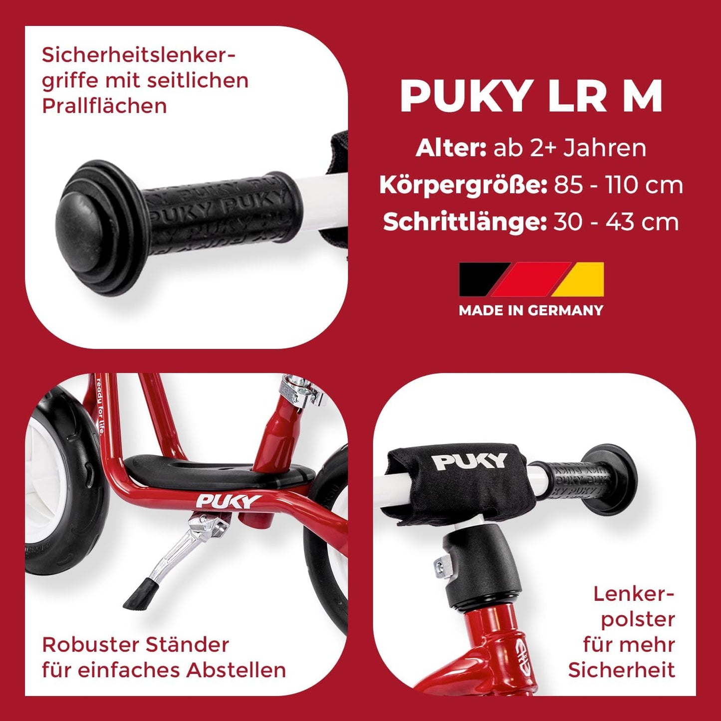 Laufrad mit Trittbrett und höhenverstellbarem Sattel, Chilli Red + Seitenständer