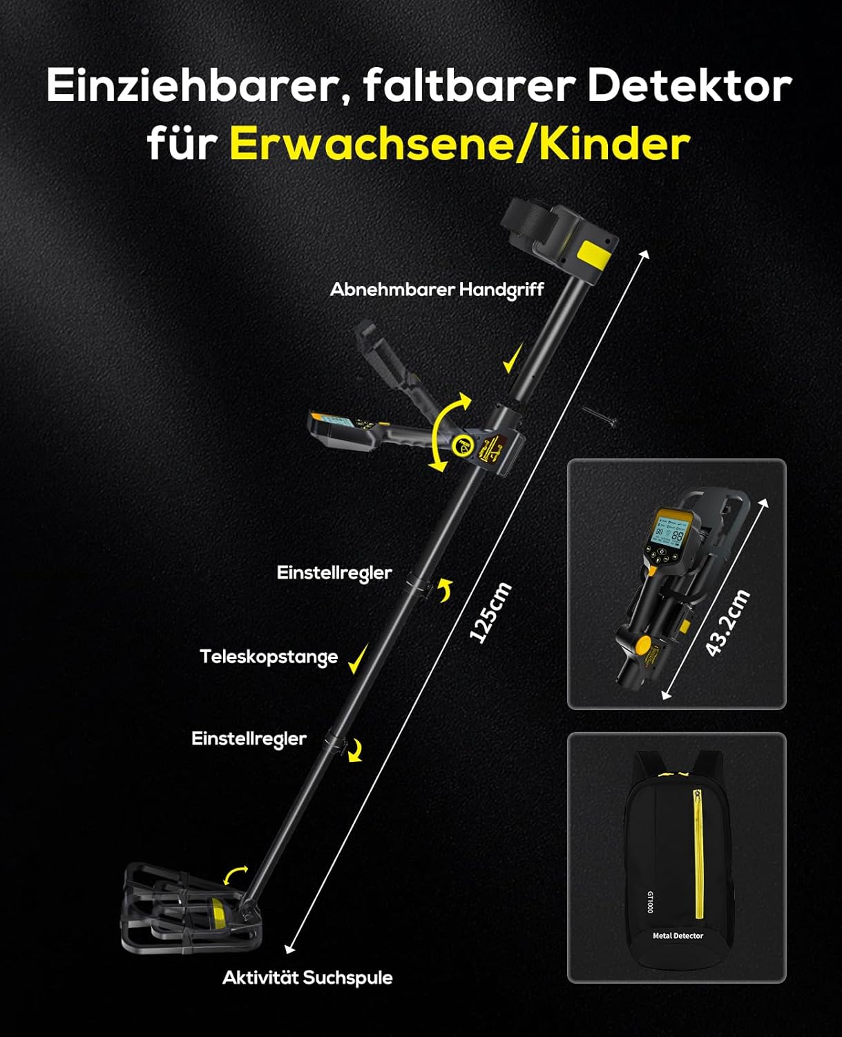 Metalldetektor mit LCD-Display und Teleskopstange, Gelb