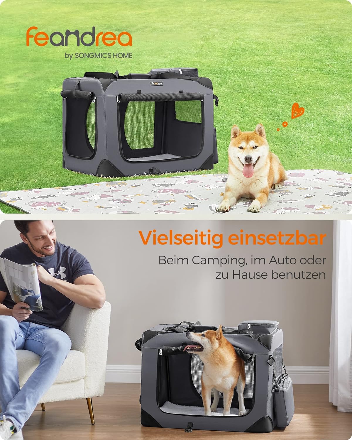 Faltbare Hundebox PDC70GY, Grau L 70 x B 52 x H 52 cm