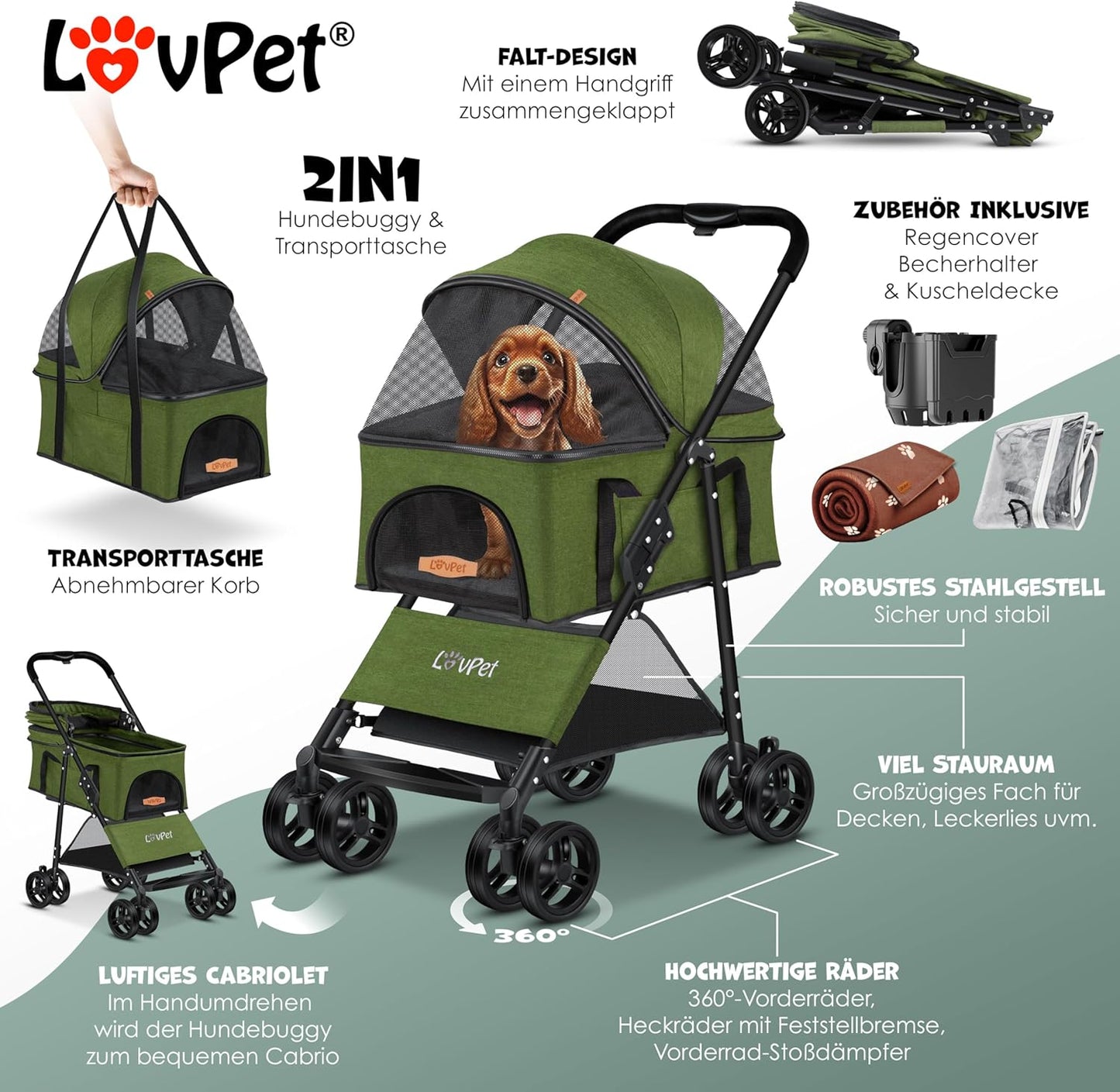 Hundewagen mit Transporttasche, Grün