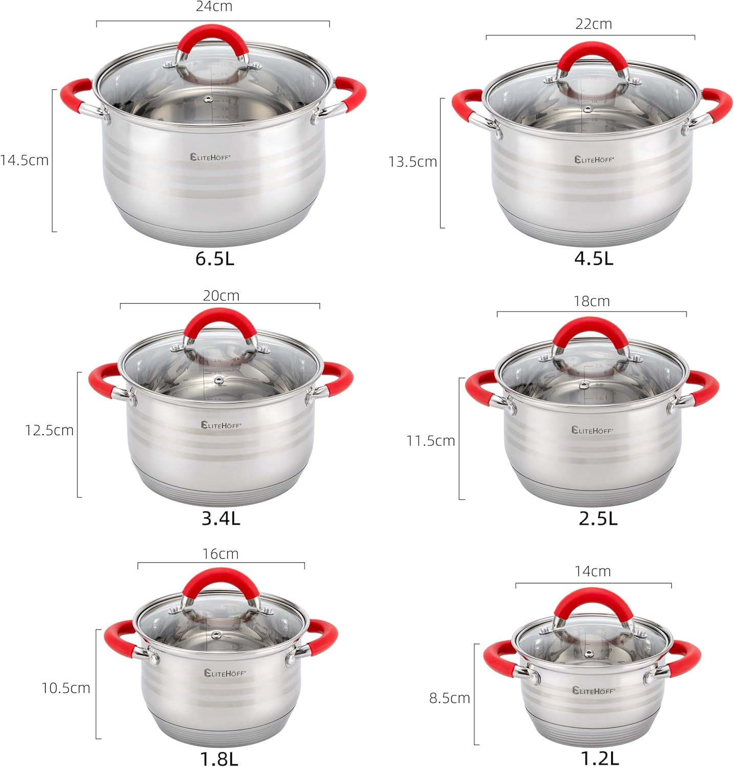 Topfset Induktion 12-teilig mit Glasdeckeln, E-4028