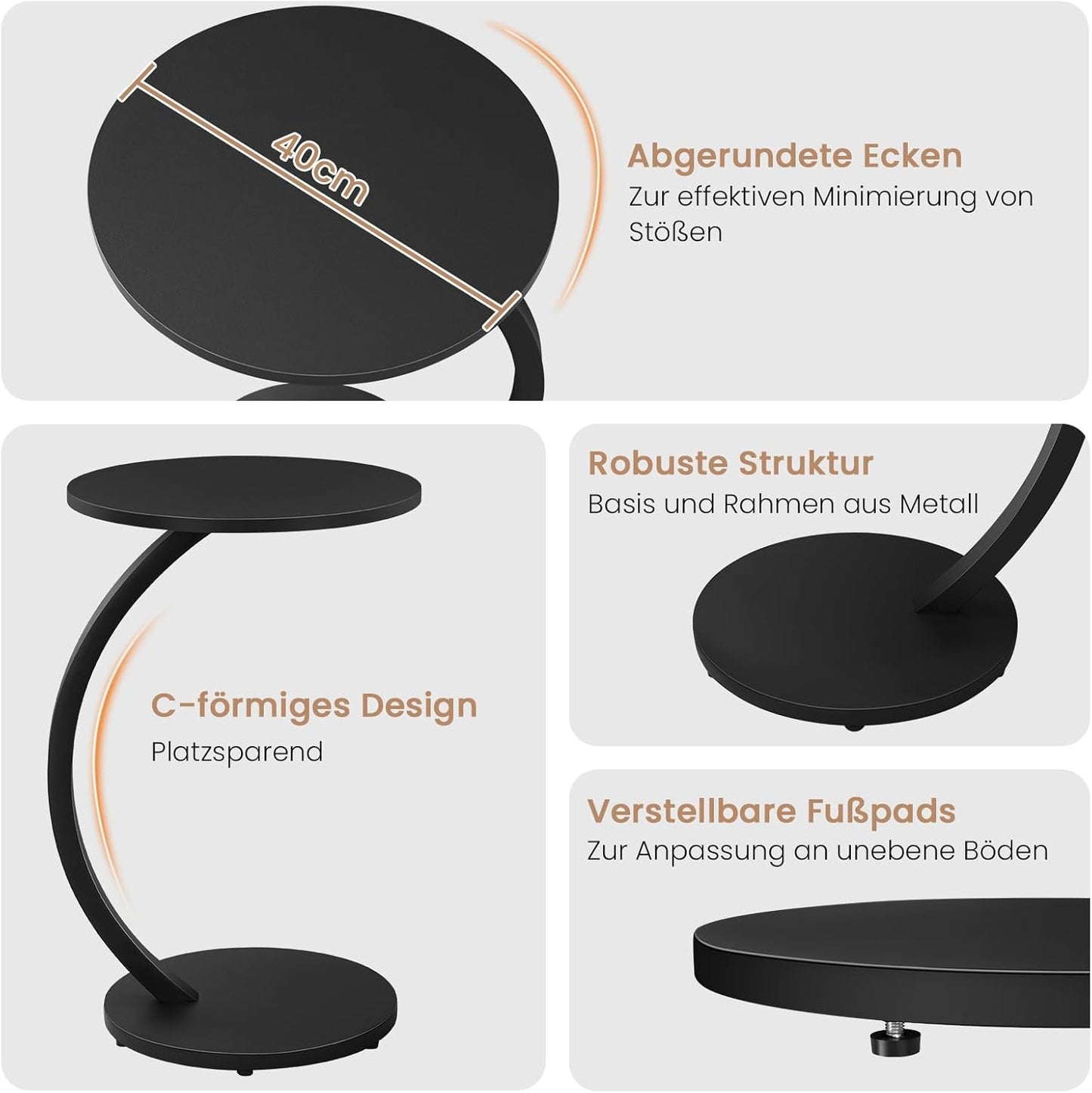 Beistelltisch C-Form mit Metallgestell, Schwarz