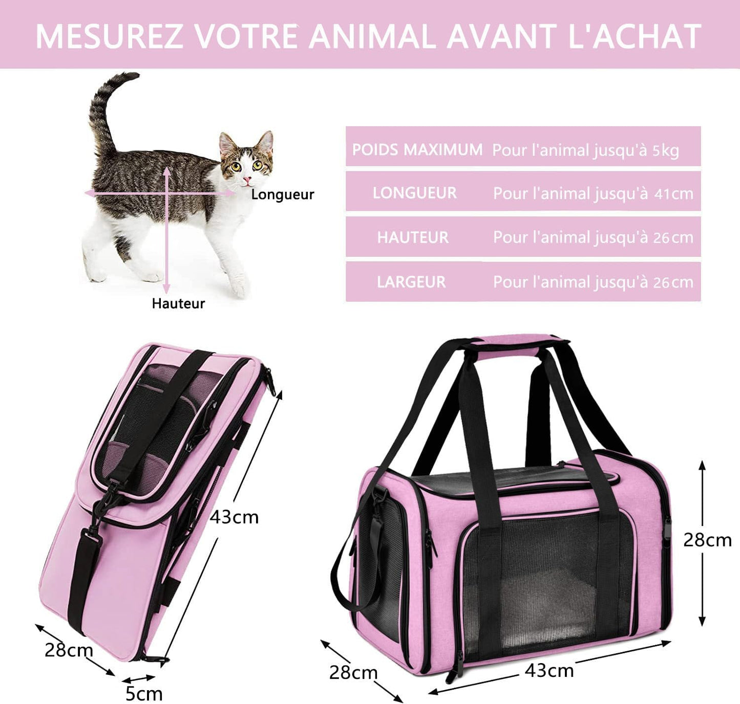 Faltbare Haustier-Transporttasche bis 5 kg, 43 x 28 x 28cm Rosa