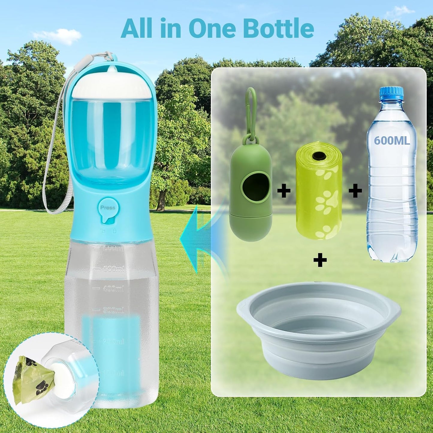 Hunde-Trinkflasche mit Futterbehälter und Kotbeutelspender