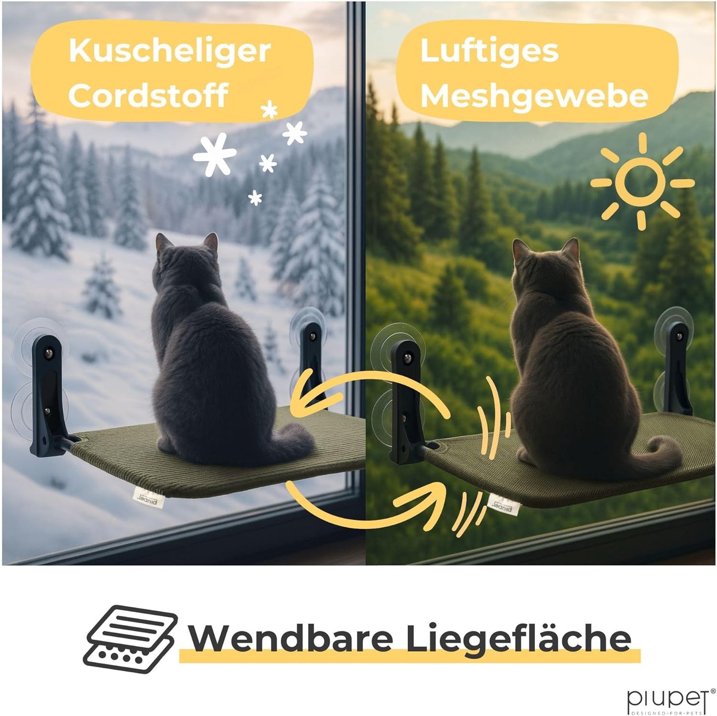 Schwebende klappbare Katzenfensterliege mit Saugnäpfen, Grün Gross
