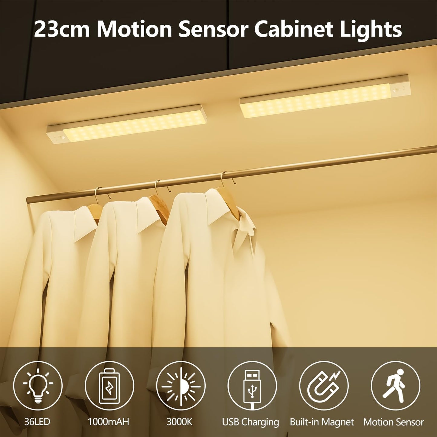 2er-Set LED-Schrankbeleuchtung mit Bewegungsmelder, Warmweiß 3000k 23CM - 2 Stück