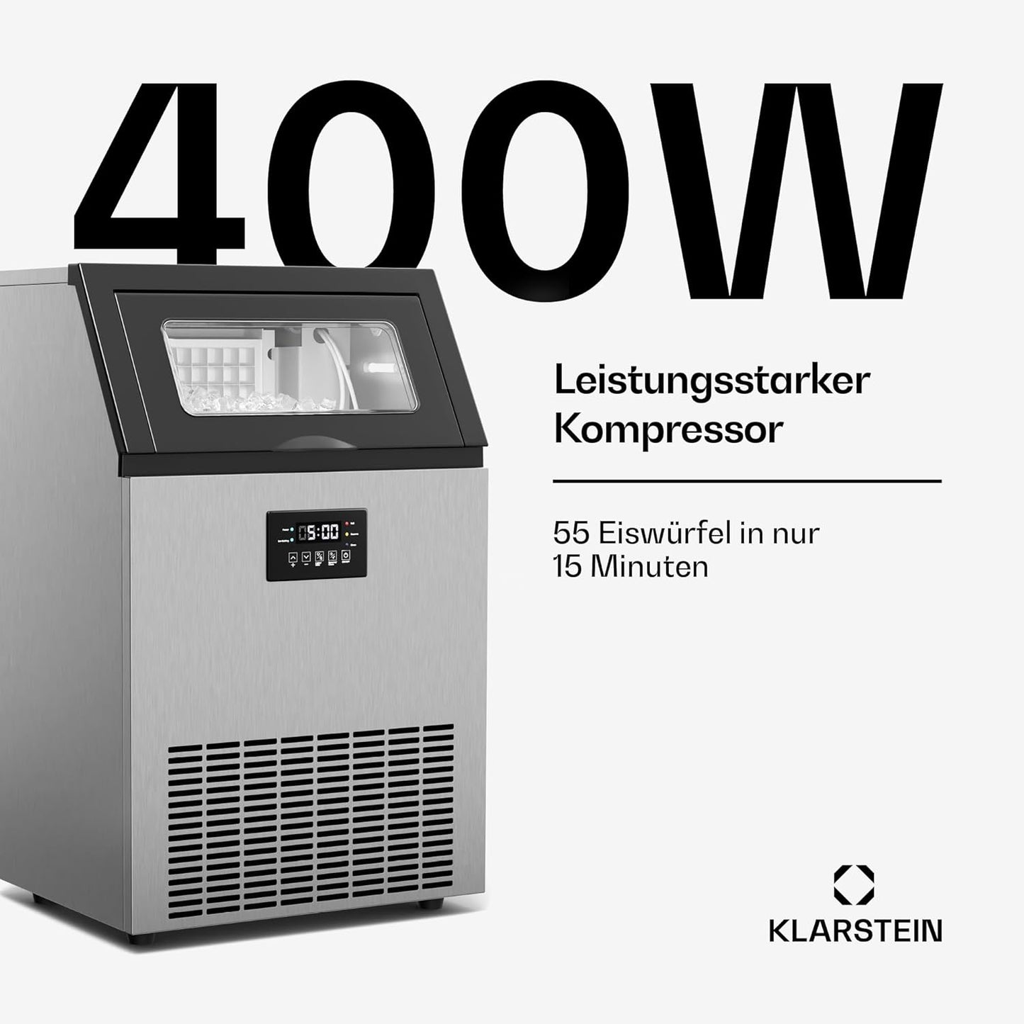 Eiswürfelmaschine mit Timer & Selbstreinigung (55 kg/24 h), 55 Kg / 24 H Schwarz & Edelstahl