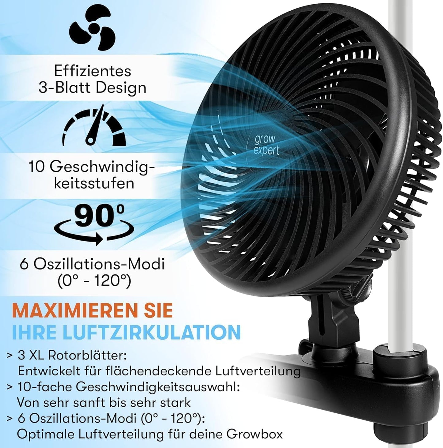 Oszillierender Clip-Ventilator für Growboxen (10 Stufen), 1 Stück