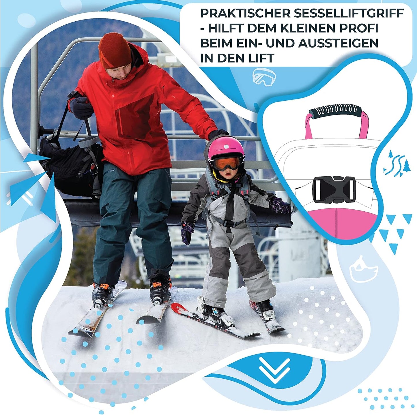 Kinderrucksack mit Sicherheitsleine für das Ski- und Snowboardtraining, Rosa