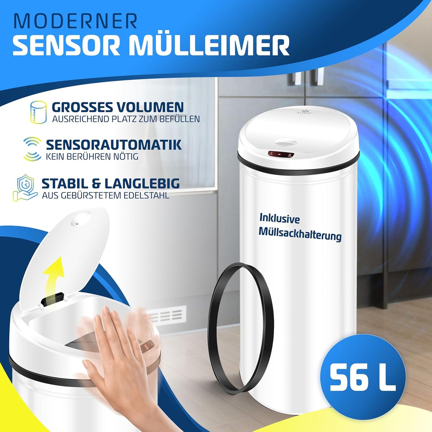 Sensor Mülleimer mit Müllsackhalterung, 56 Liter Weiss