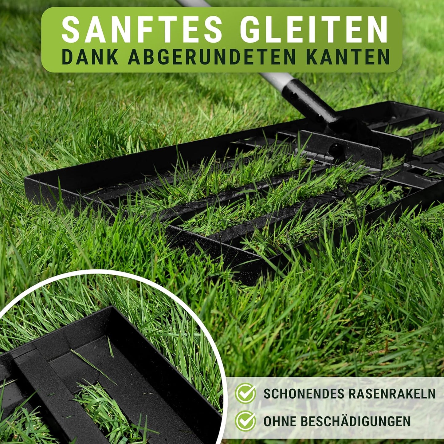 Rasennivellierrechen 80x30 cm mit langem Stiel & Handschuhen, Schwarz