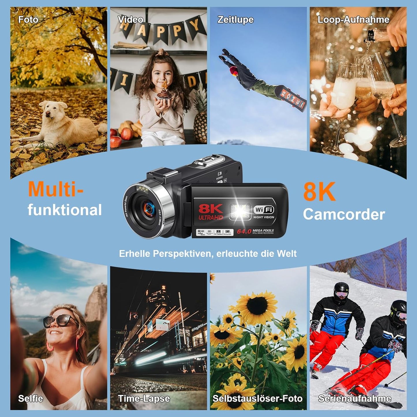8K Vlogging Camcorder mit Nachtsicht, Mikrofon, Stabilisator und Fernbedienung, Tiefschwarz