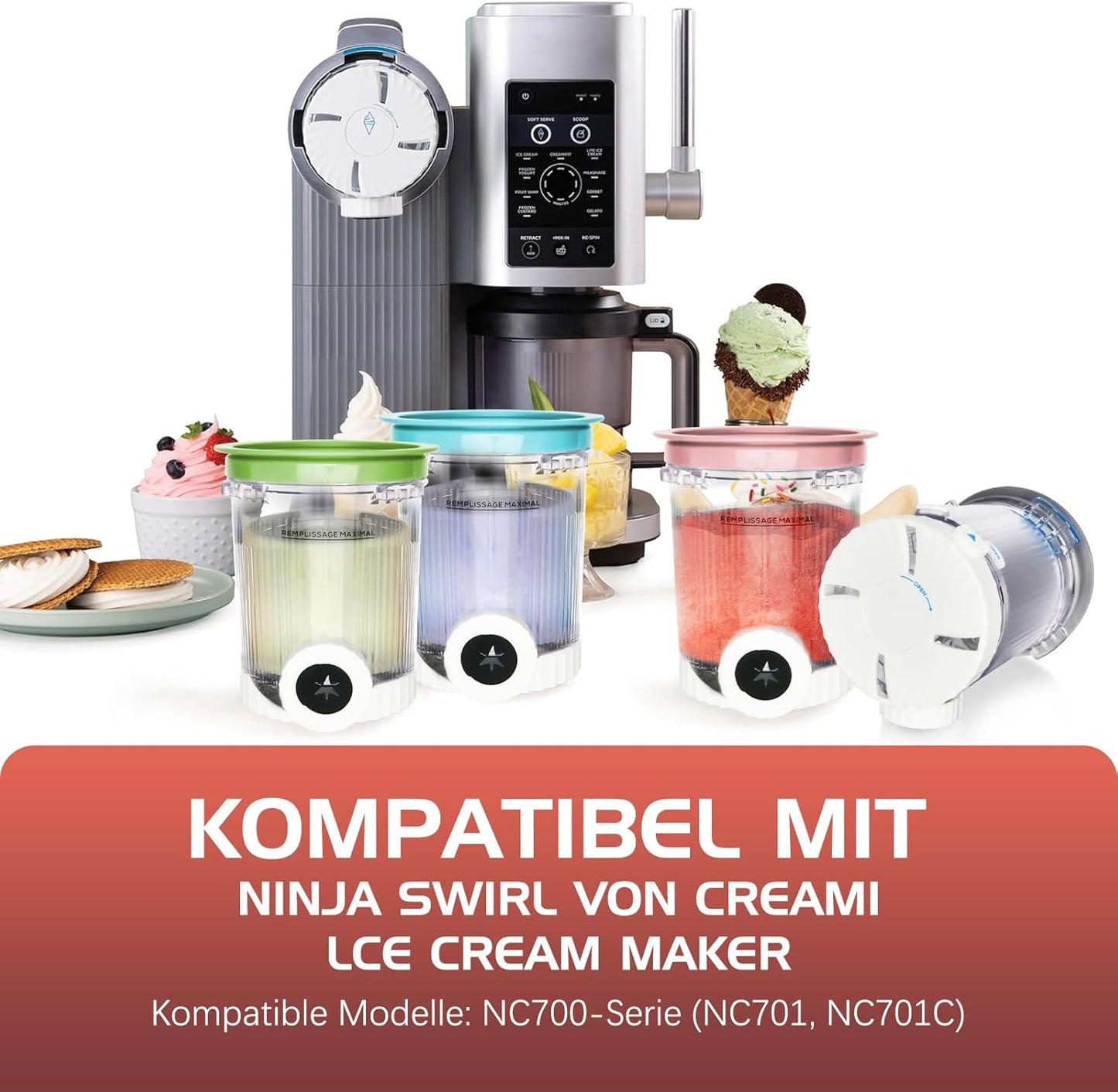 4-teiliges Eiscreme-Behälter-Set für Ninja Swirl Creami NC700, NC701 & NC701C