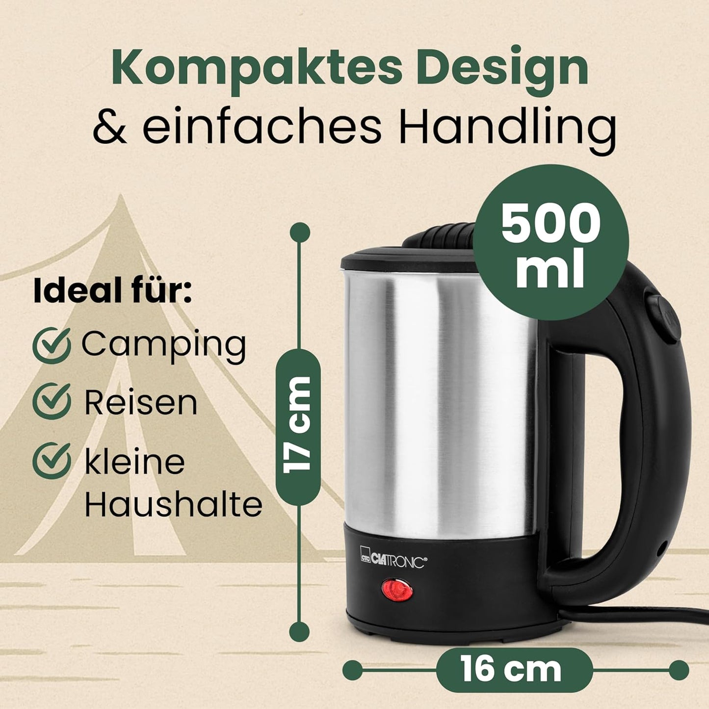 WKR 3624 - Reise-Wasserkocher 0,5L inkl. Zubehör, Reise-wasserkocher 0,5 Liter Inkl. Tasse