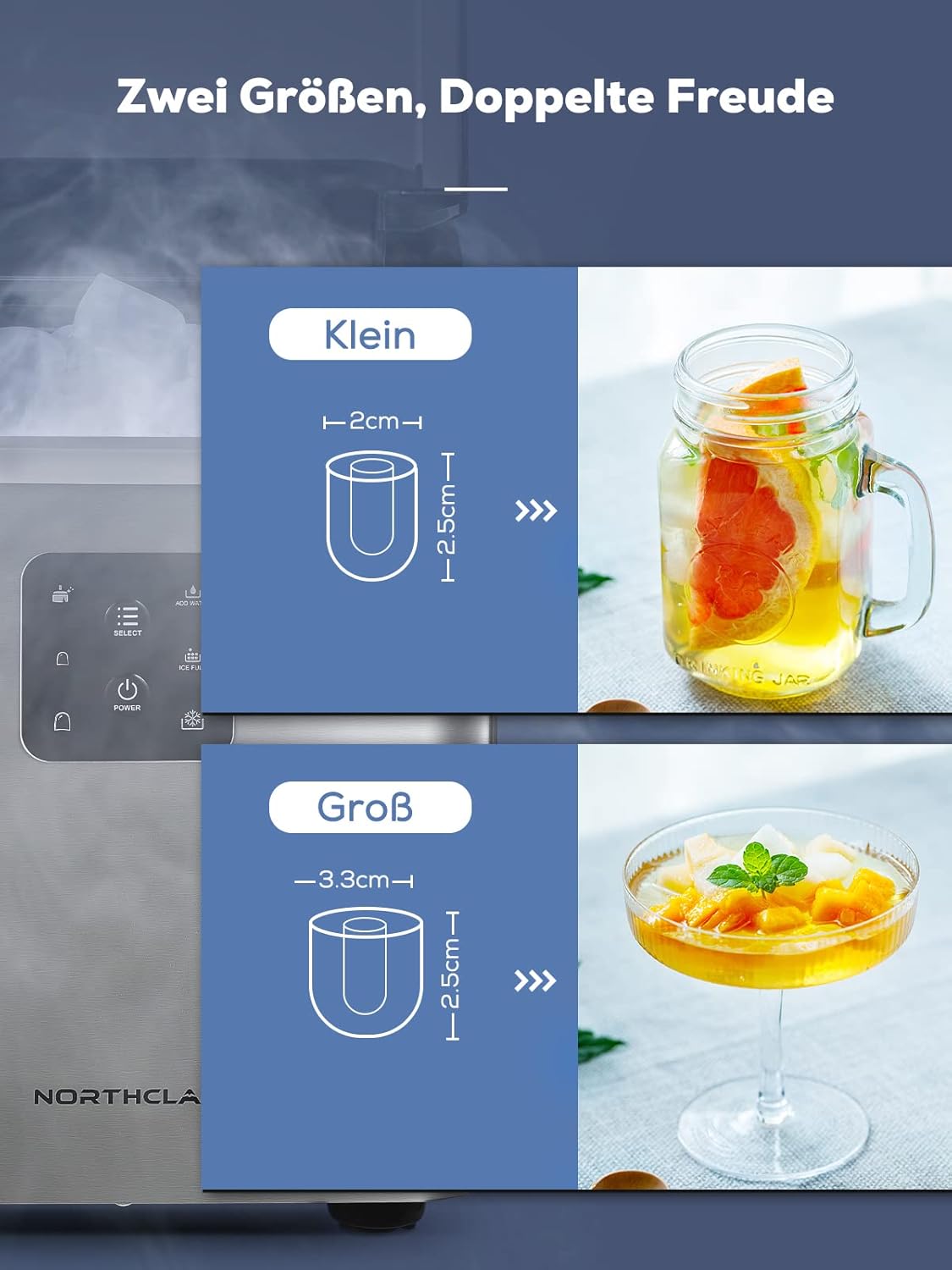 Eiswürfelmaschine mit 2 Eiswürfelgrössen, Silber