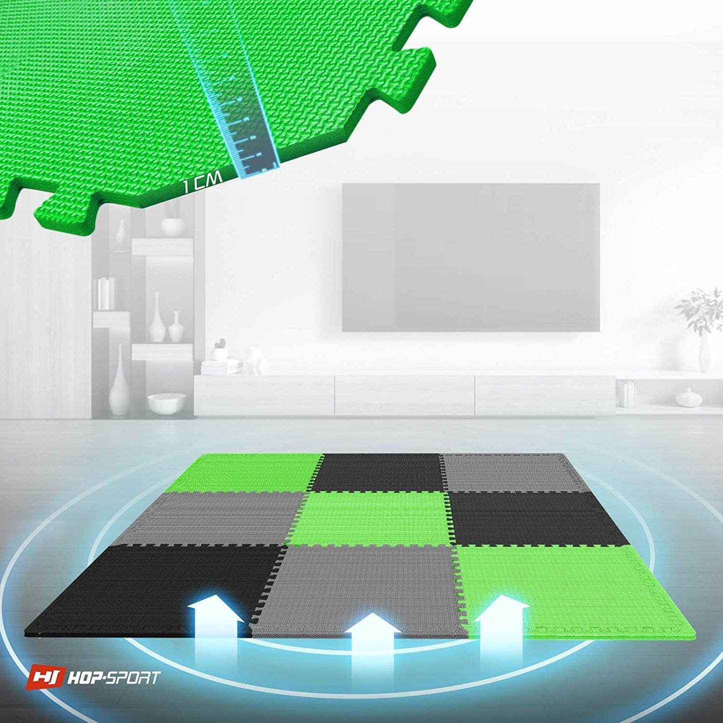 9er-Set rutschfeste Puzzlematte für Fitnessgeräte-Bodenschutz, Schwarz/Grau/Grü