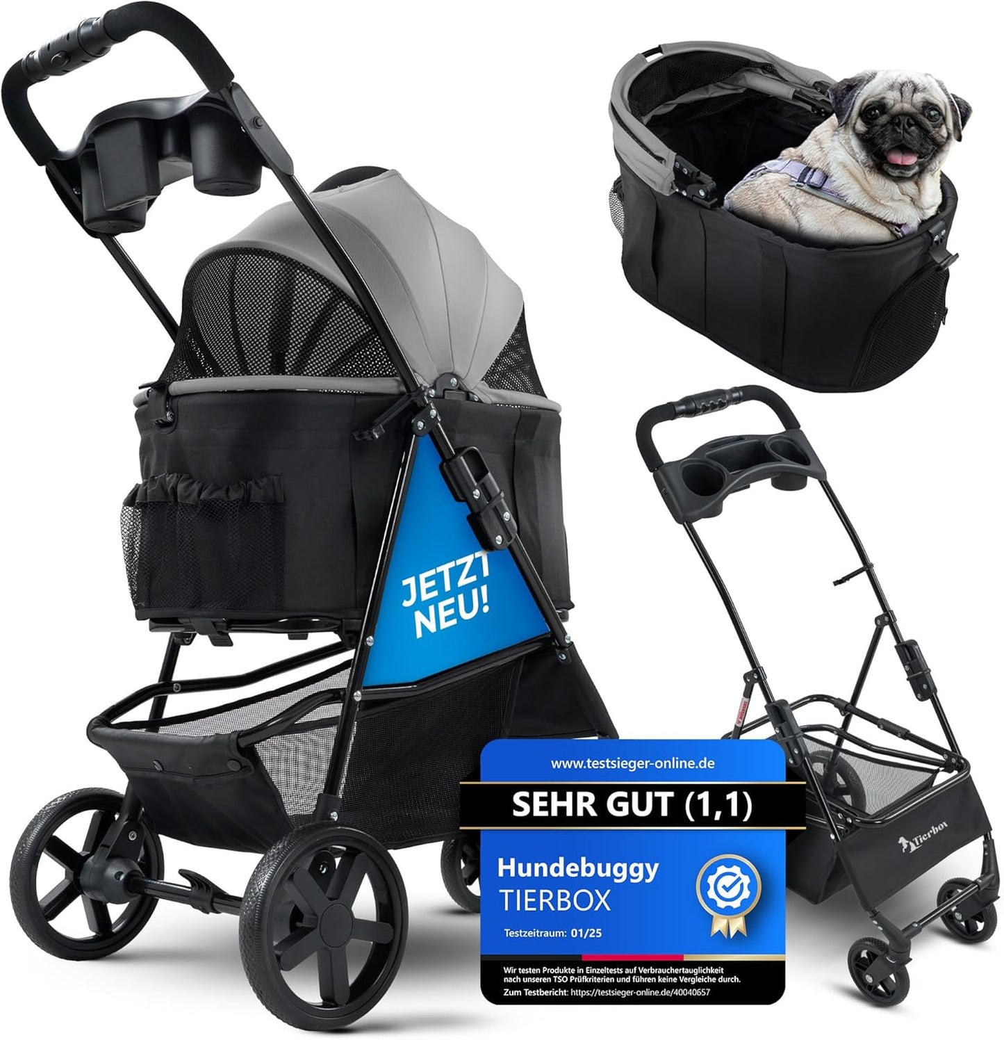 Klappbarer Hundebuggy bis 15 kg Traglast, Grau