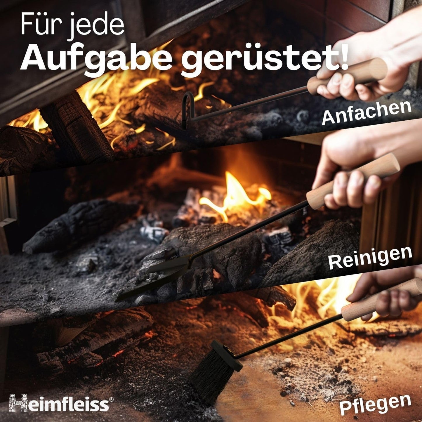 4-teiliges Kaminbesteck-Set, Schwarz mit Holzgriffen
