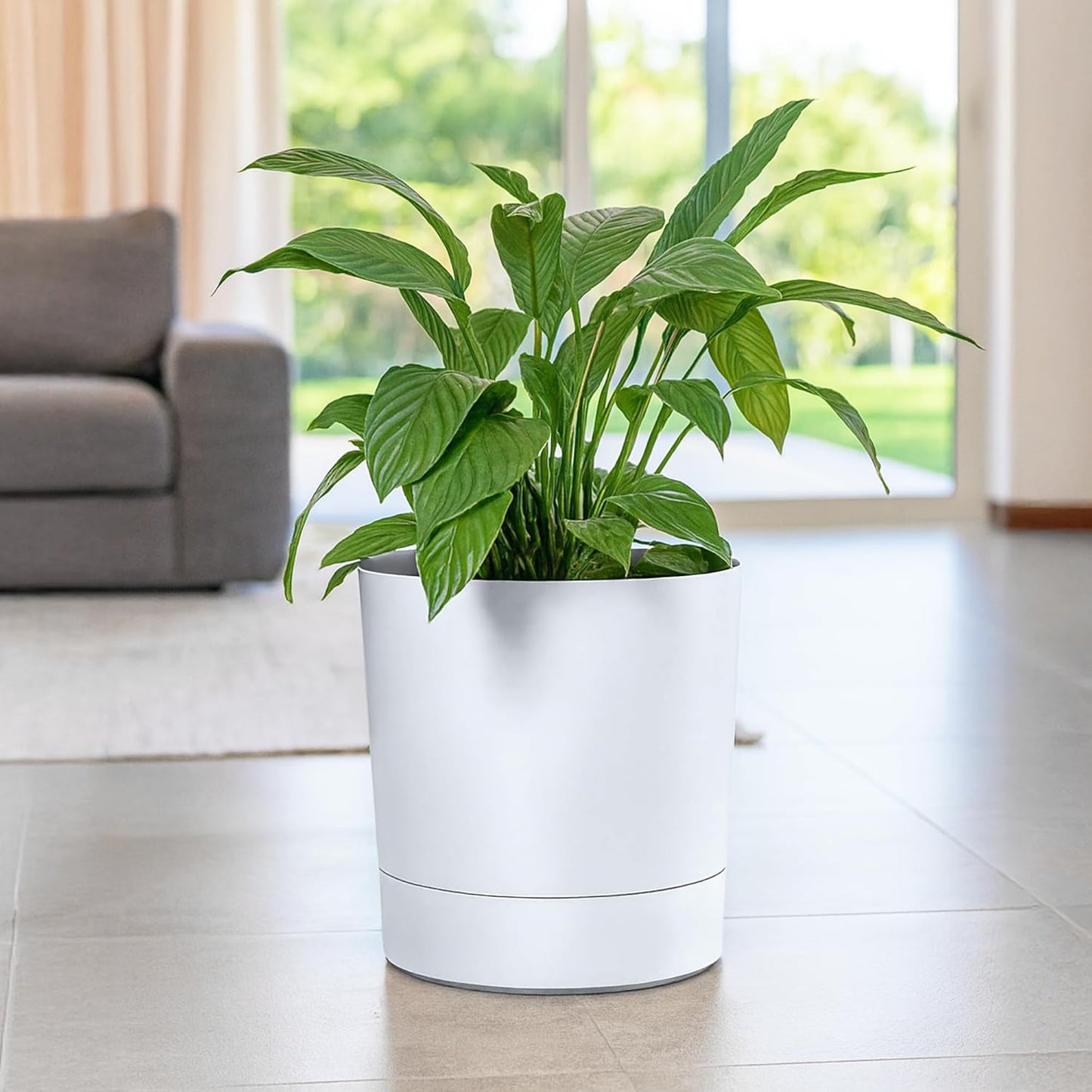 Grosser Blumentopf mit Untersetzer, Weiss 38 cm