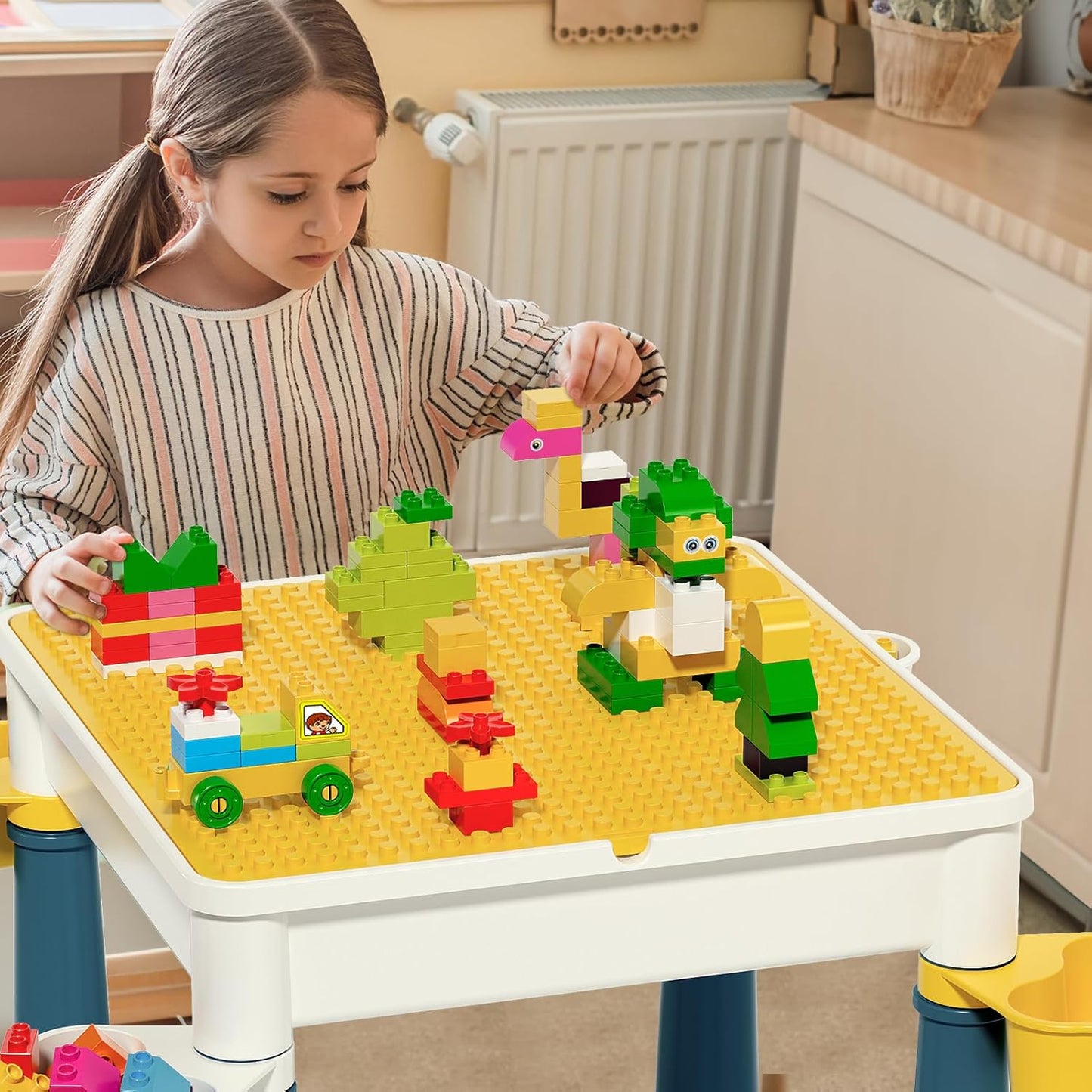 5-in-1 Kindertisch mit Stuhl und 130 Bausteinen, Macaron