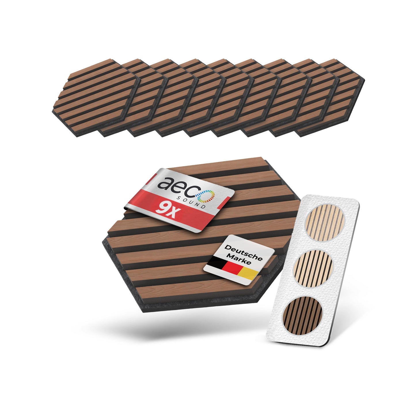 Akustikpaneele 3D, 9 Stück | 30 x 26 x 2,1 cm Holzfurnier Walnuss | Akustikfilz Schwarz