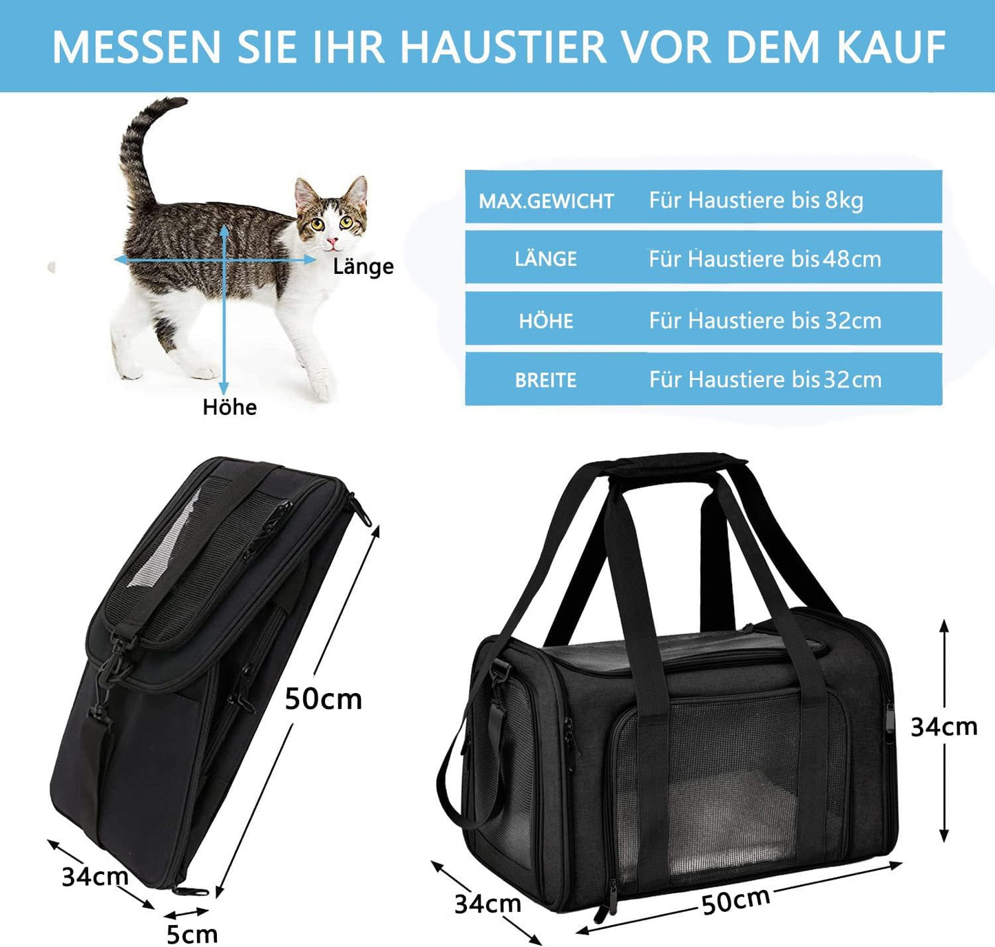 Faltbare Tiertransporttasche, 50 x 34 x 34cm, Schwarz