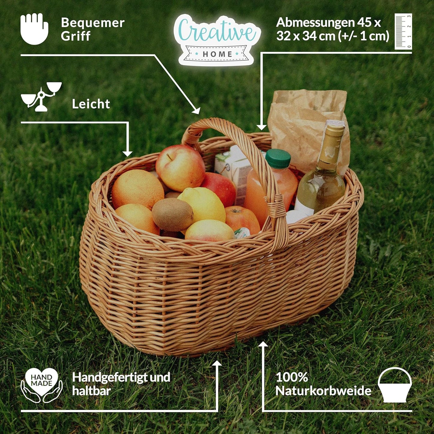 Grosser handgeflochtener Picknickkorb mit Henkel, 45 x 32 x 34 cm ; Natur (ohne Stoffeinlage)