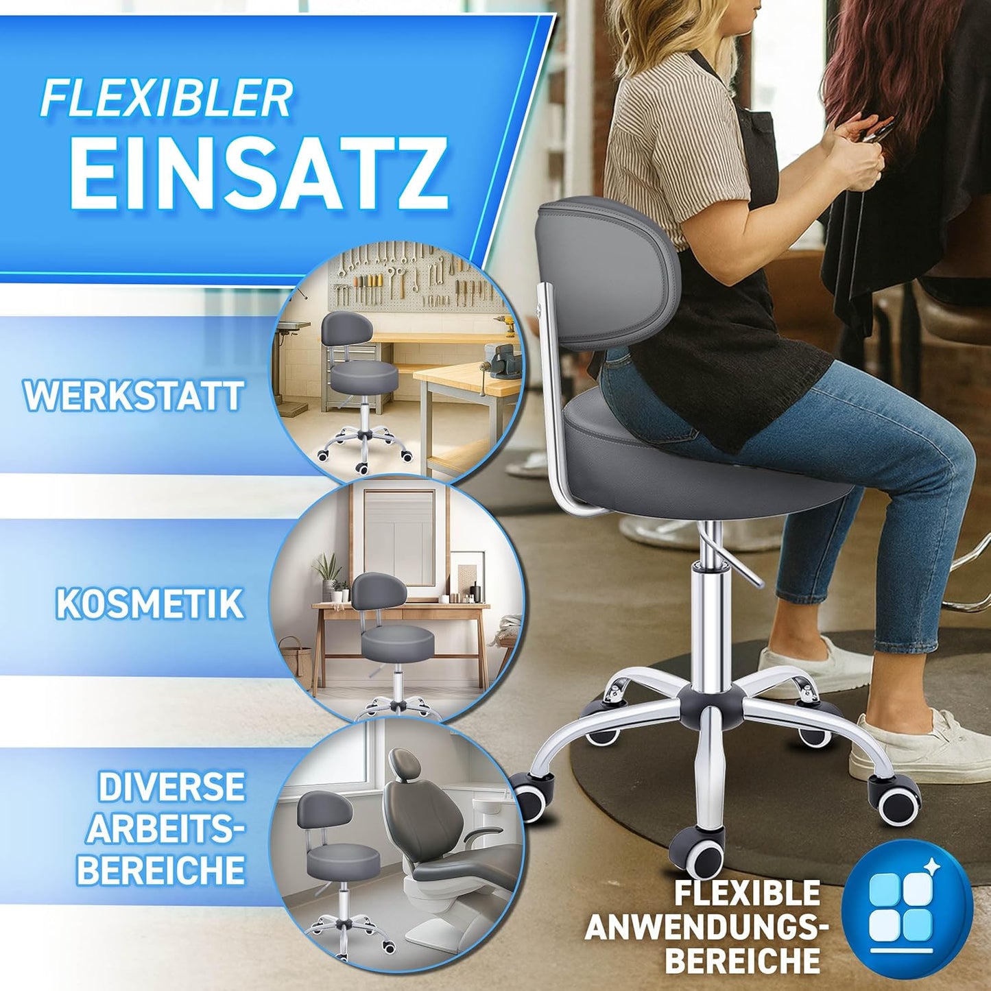 Höhenverstellbarer Drehhocker mit Lehne und Rollen, Grau