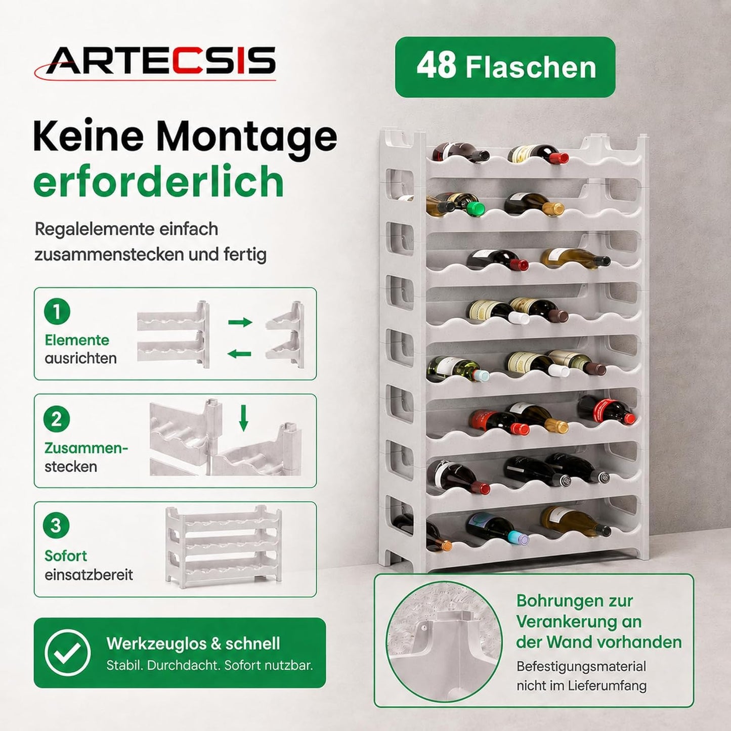 Modulares Weinregal für 48 Flaschen, Granitgrau 48 Flaschen