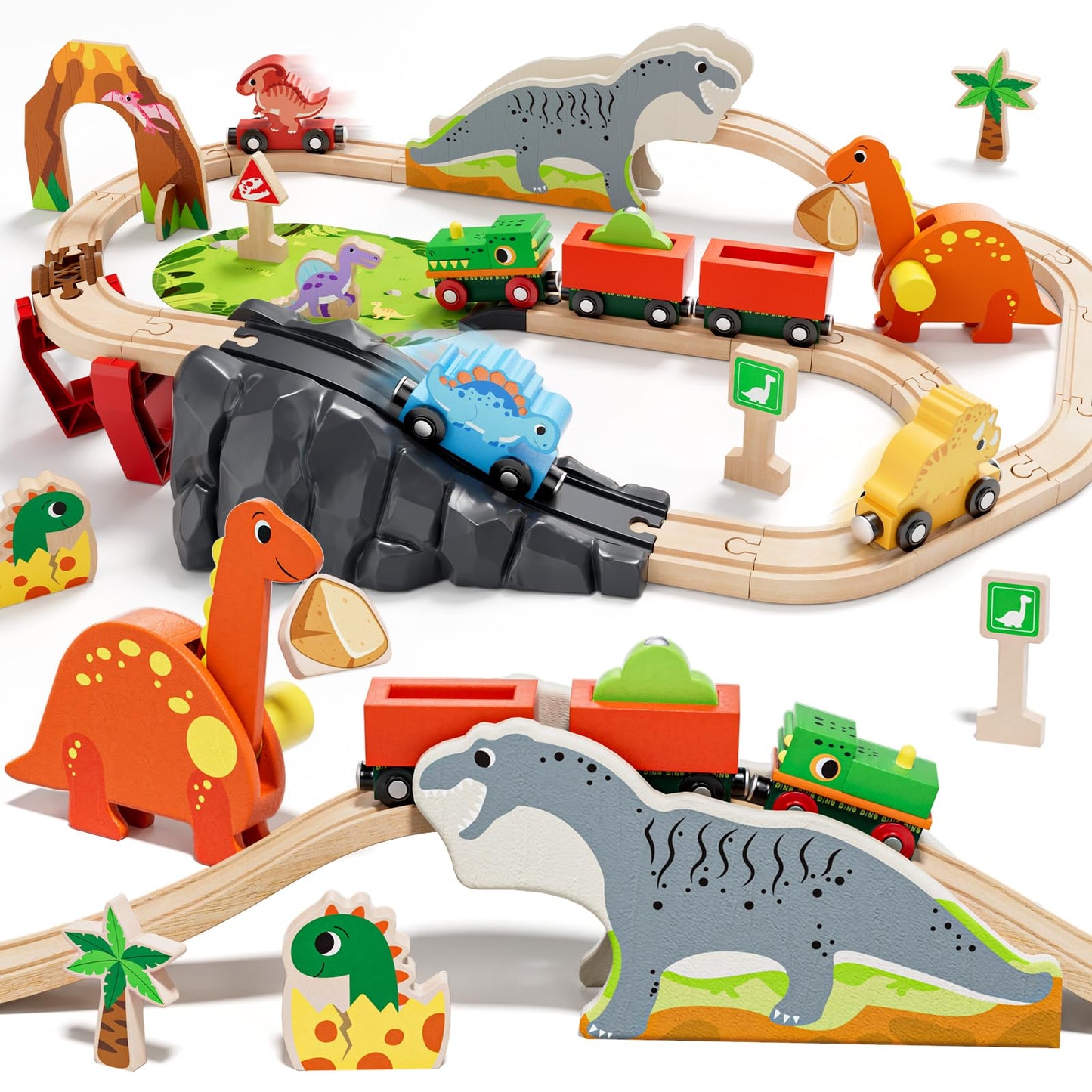 Holzeisenbahn-Set mit Dinosaurier, Dinosaurier