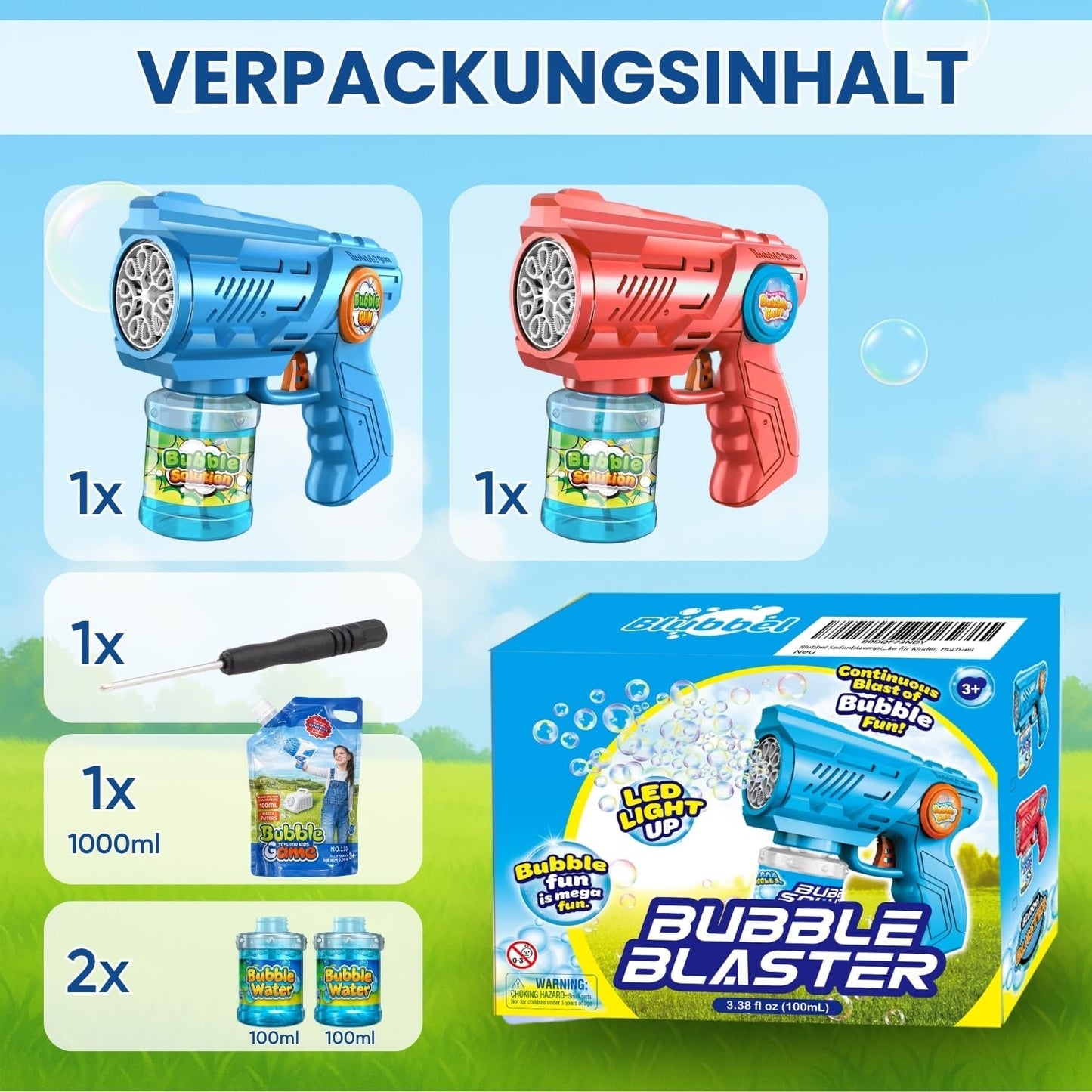 2x Seifenblasenpistolen mit LED und 100ml Tank, inkl. 1 L Nachfüllkonzentrat, Blau + Rot