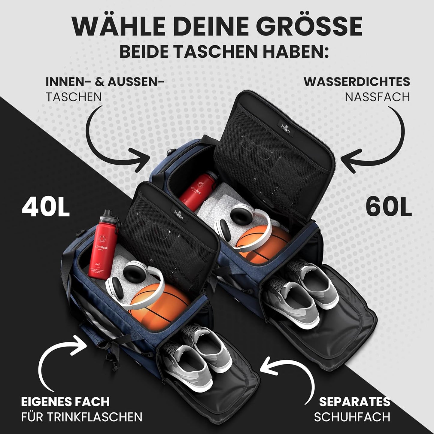 Sporttasche mit Rucksack- und Nassfachfunktion, 40 L Blau