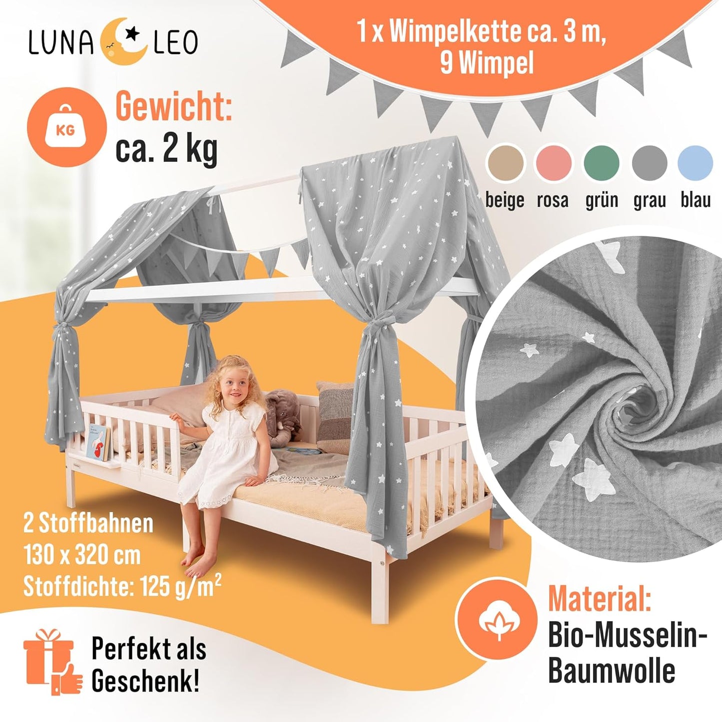 Hausbett Betthimmel-Set mit Sternendruck (3-tlg.), Hellgrau Sterne H320 x B130 cm (2er Set)