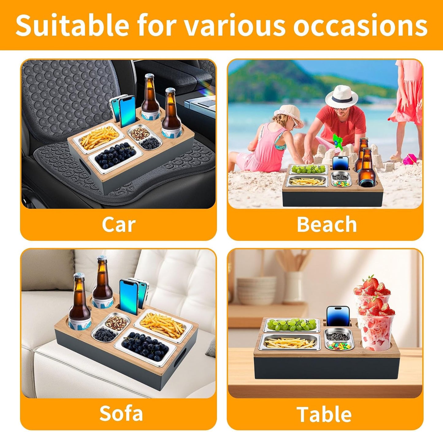 Snackbox mit Edelstahl-Schalen für Sofa & Picknick, Grau