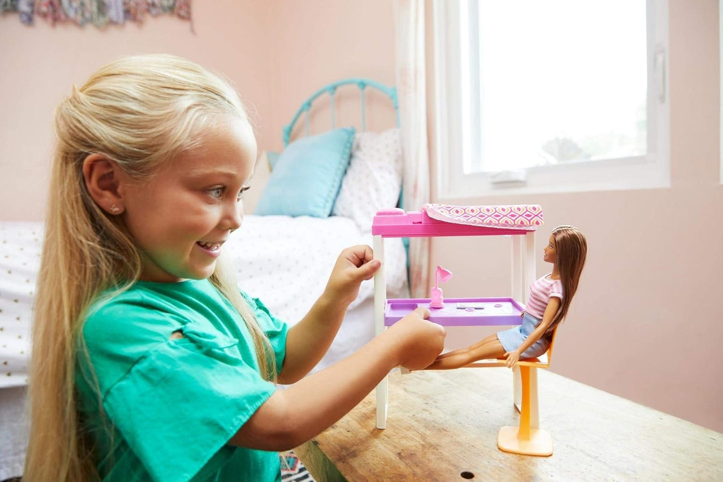 Deluxe-Set Möbel Hochbett mit Schreibtisch & Puppe, Hochbett mit Schreibtisch