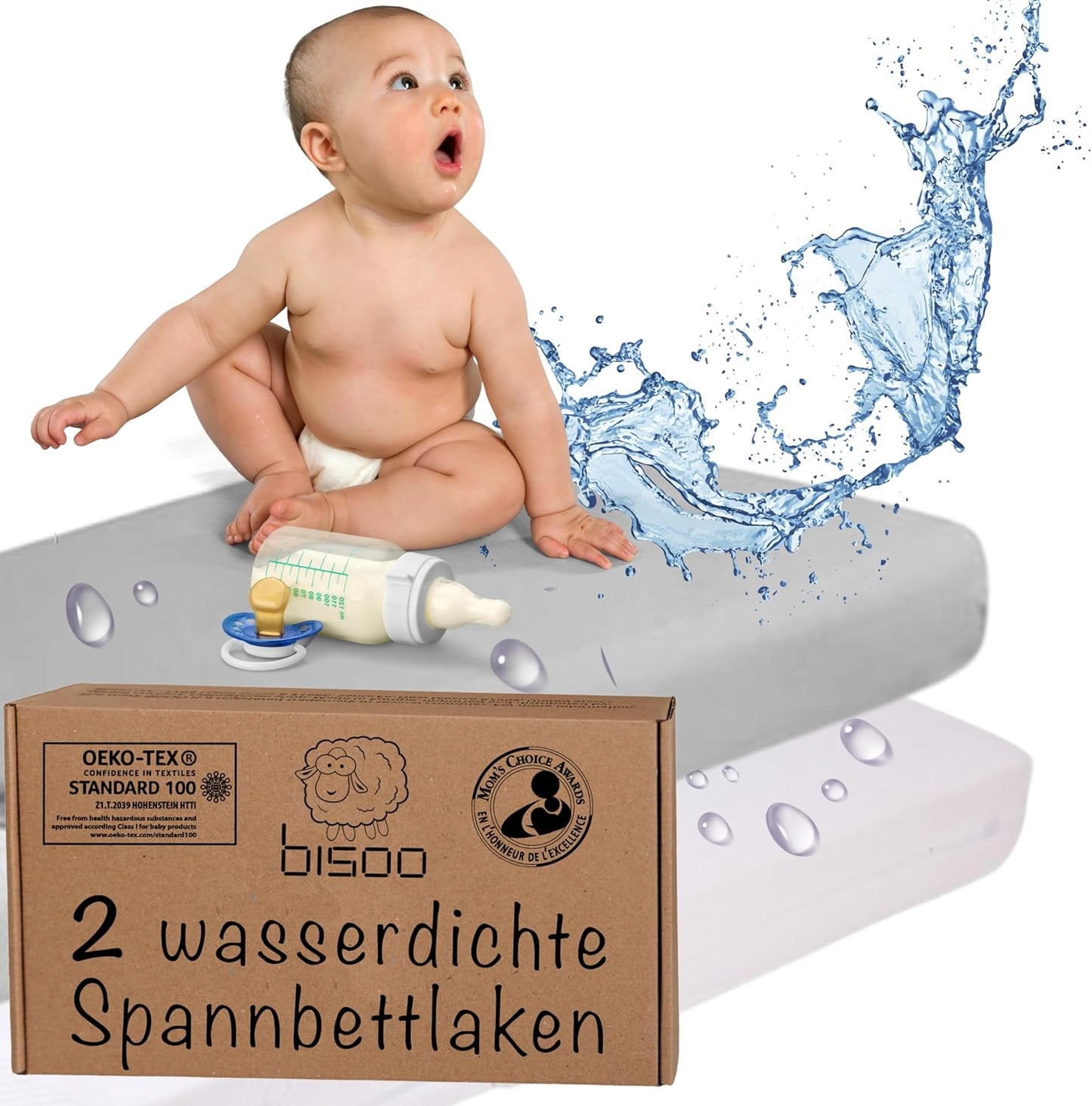 2in1 Baby Spannbettlaken mit Matratzenschoner (2er Set), 70x140 cm 1 Weiss + 1 Grau