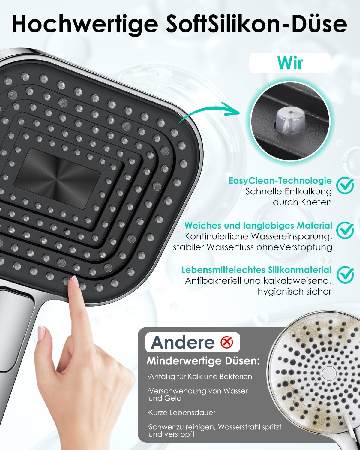 Wassersparender Duschkopf mit Antikalk-Funktion, Silber