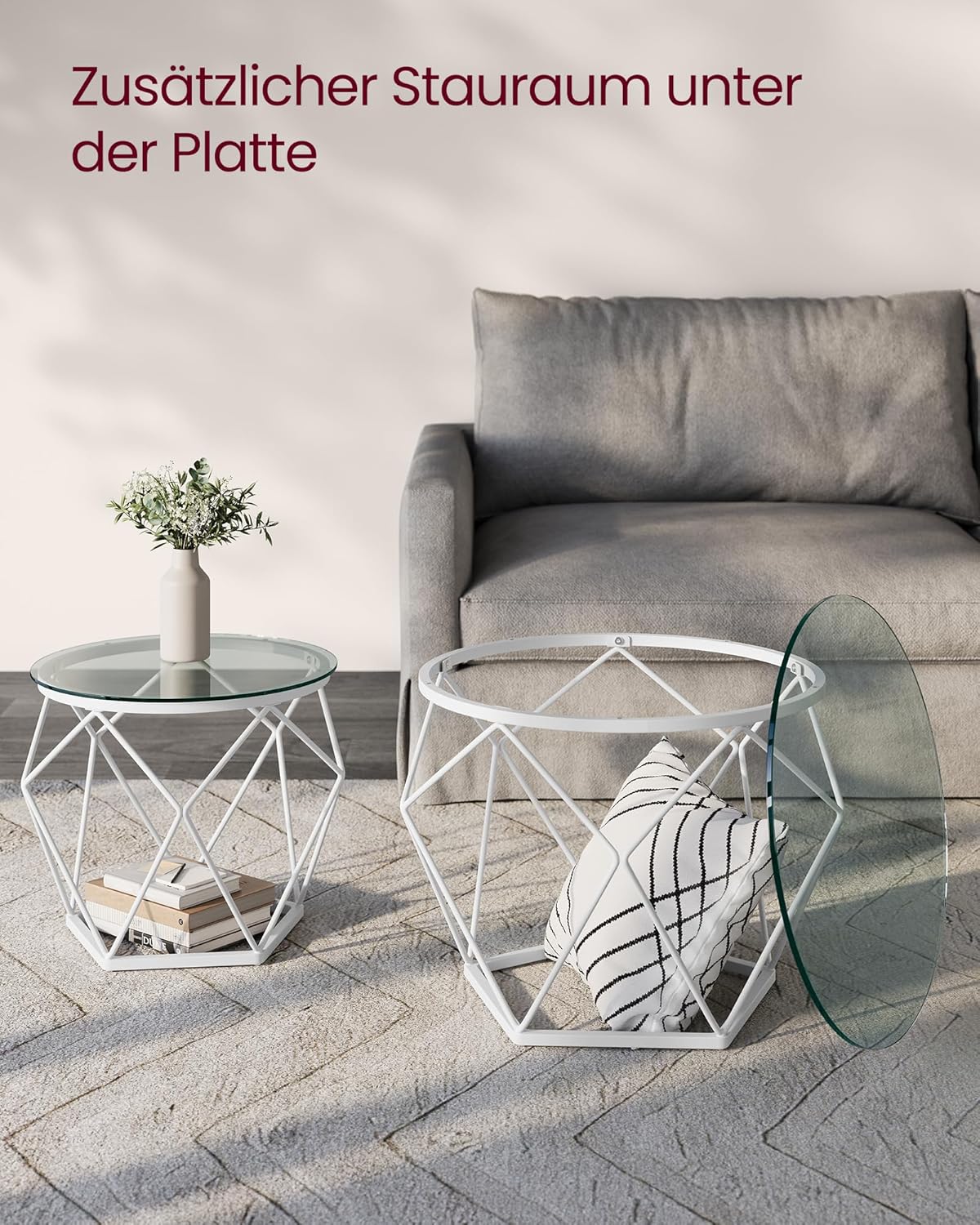 2er-Set Runder Couchtisch mit abnehmbarer Tischplatte, Transparent + Wolkenweiss