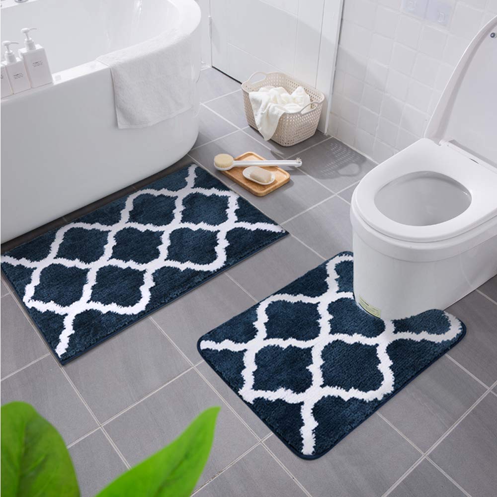 2-teiliges Badematten-Set, 50 x 60 cm (U-förmig) + 50 x 76 cm (Rechteckig) Marine Blau