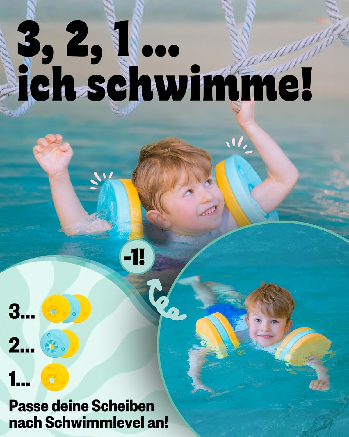 Verstellbare Schwimmscheiben mit Klickverschluss inkl. Sportbeutel, gelb