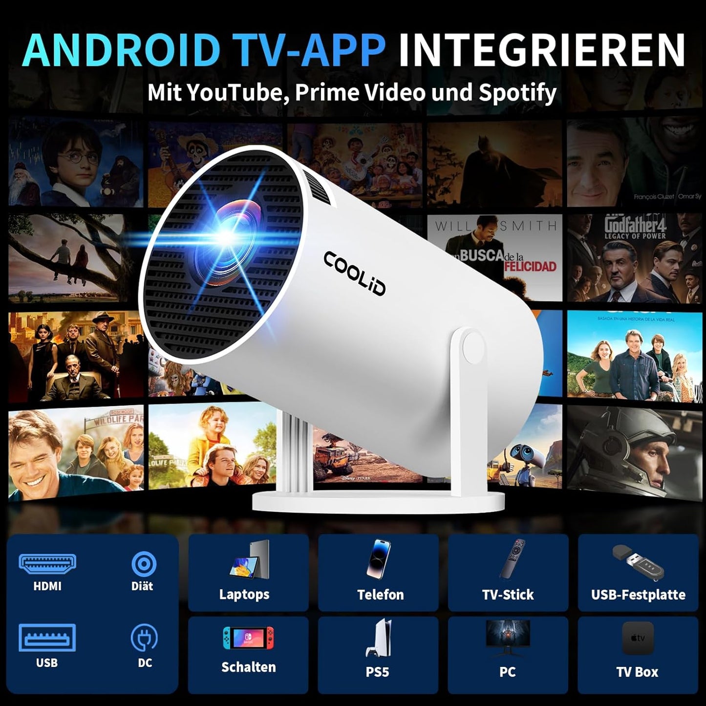 Tragbarer Mini-Beamer C2 mit 4K-Unterstützung und 5G WiFi, White